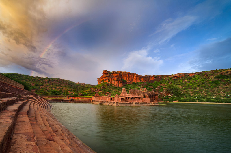 Rainbow over the Aghastya Lake in Badami, Karnataka