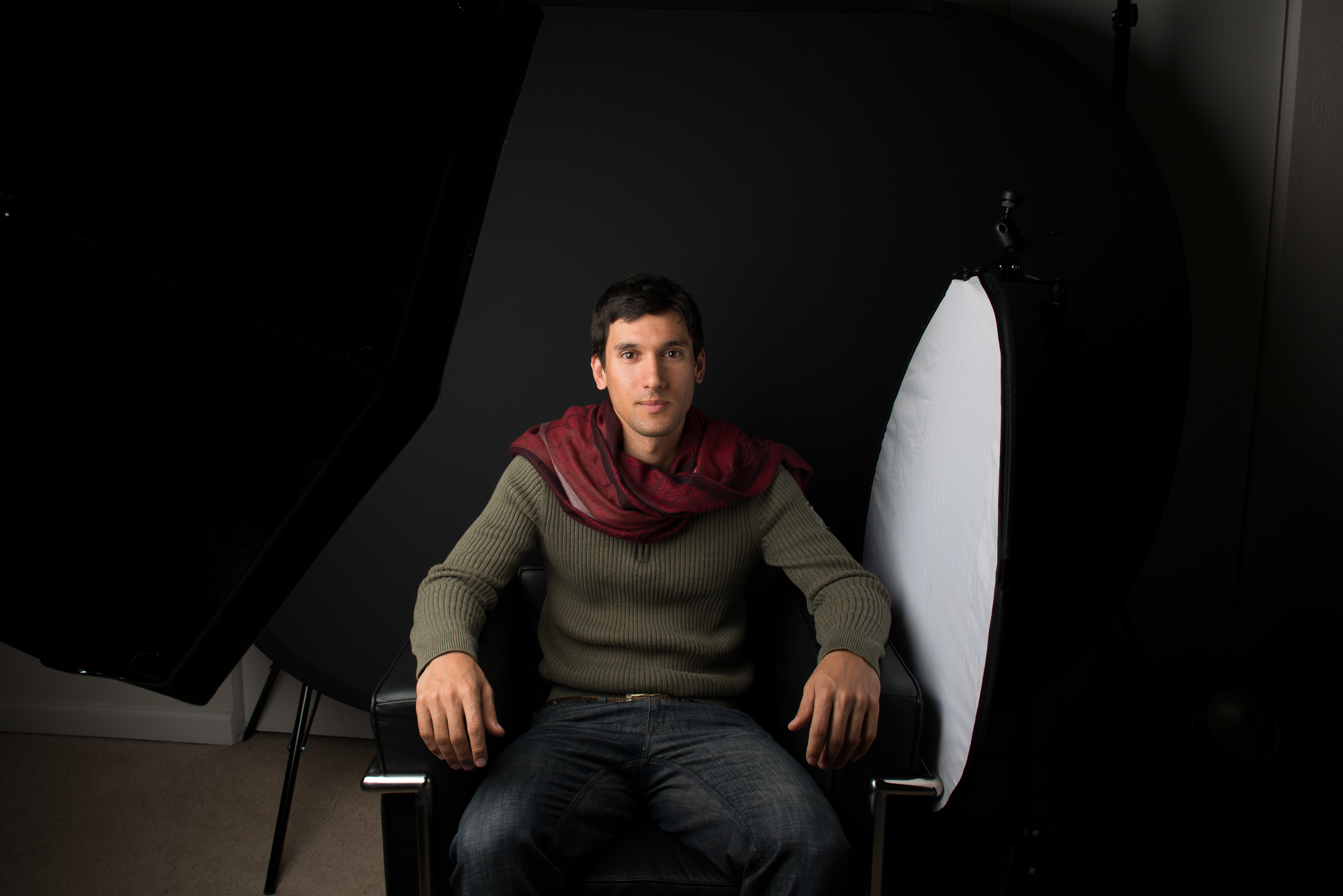 My model, Andrew, in my home studio with 1 monolight in an Elinchrom Octabox and a reflector nearby.