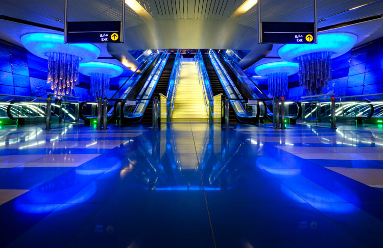 a long shutter opening can help make people disappear in busy locations like this metro station in Dubai