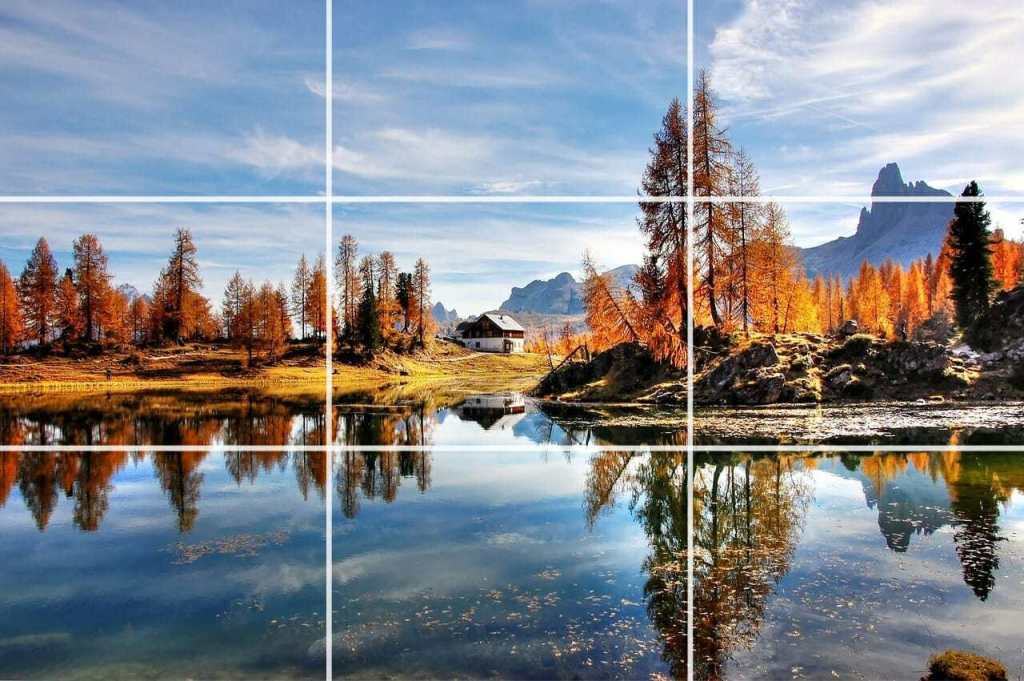 Off-center composition of tree reflections in a lake 