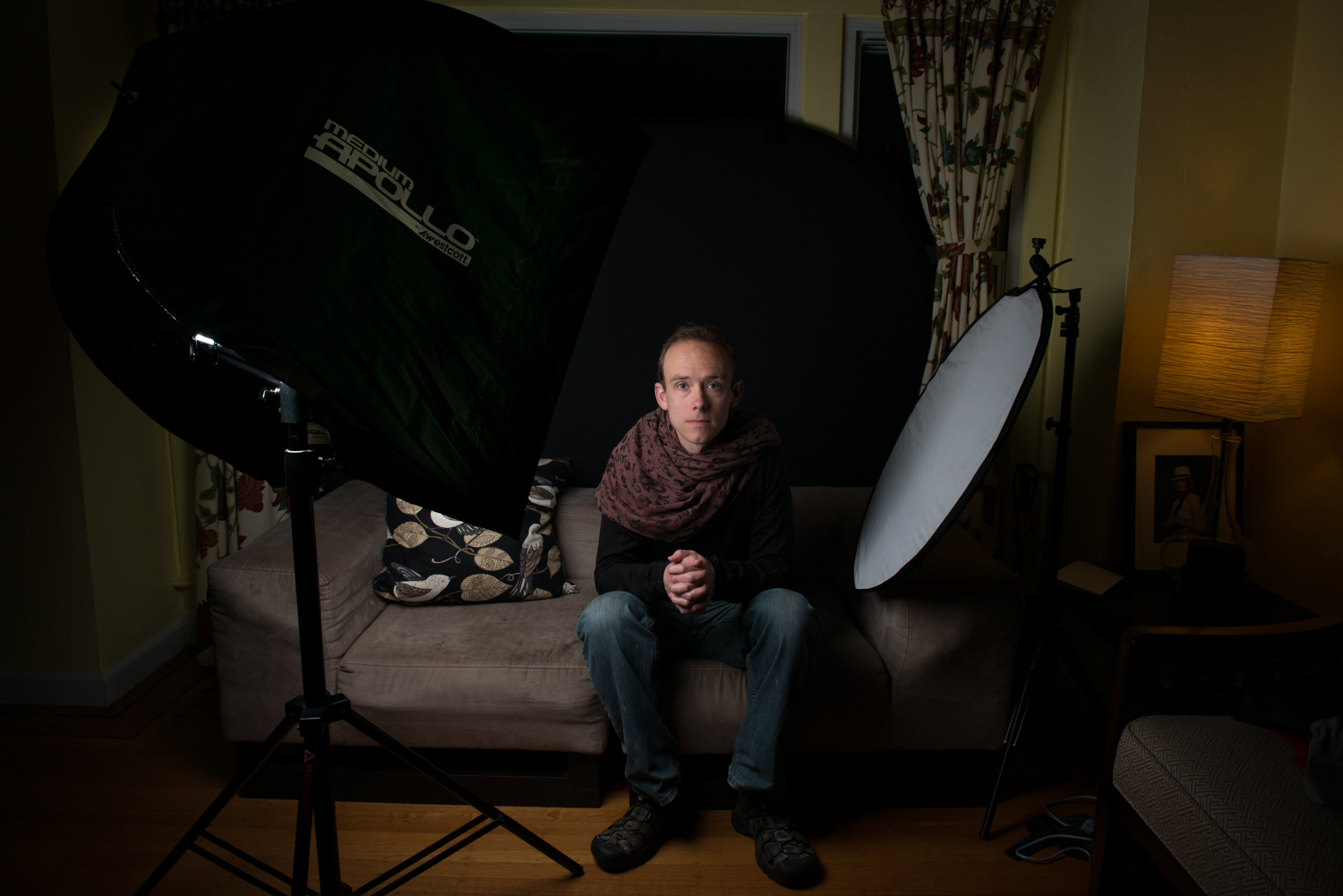 On location in my model, Brian’s, home. Here I am using a small flash inside a Westcott Apollo softbox. This setup is very versatile and easy to carry around.