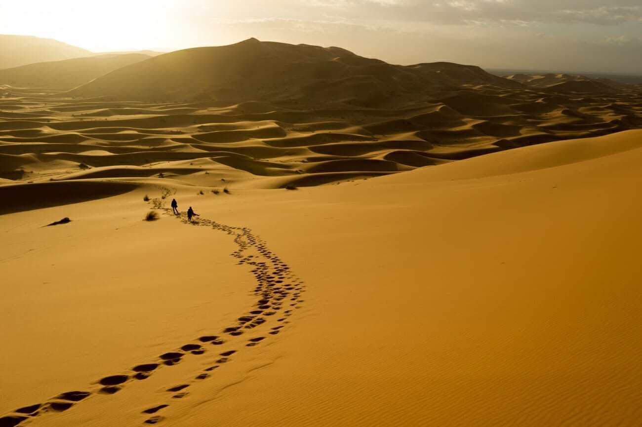 a photo of hikers traveling a desert dune.