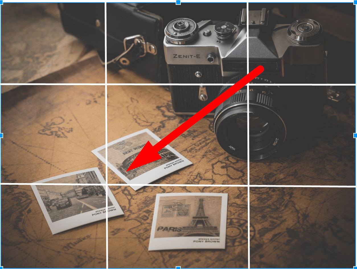 A photo of a camera and several photos arranged along the lines of Rule of Thirds