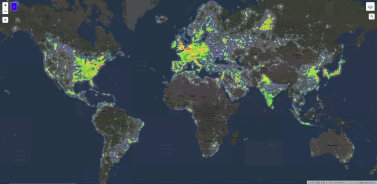 map showing light pollution and darks sites on the earth