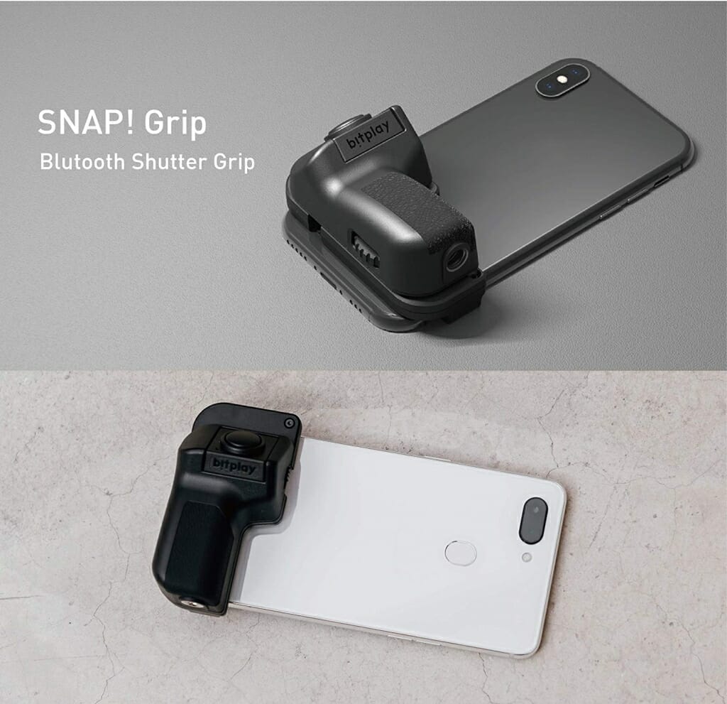 A SNAP! Bluetooth Shutter Grip attached to a smartphone