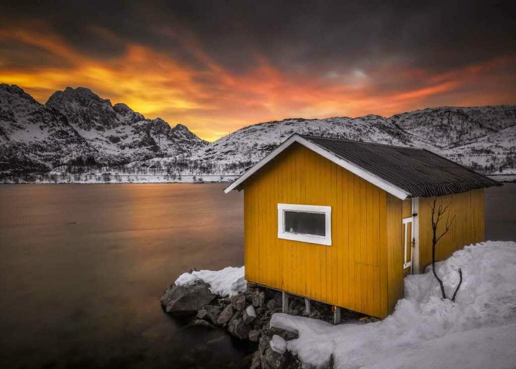 Yellow hut, Lofoten Islands, Norway, shot with a 10-stop ND filter