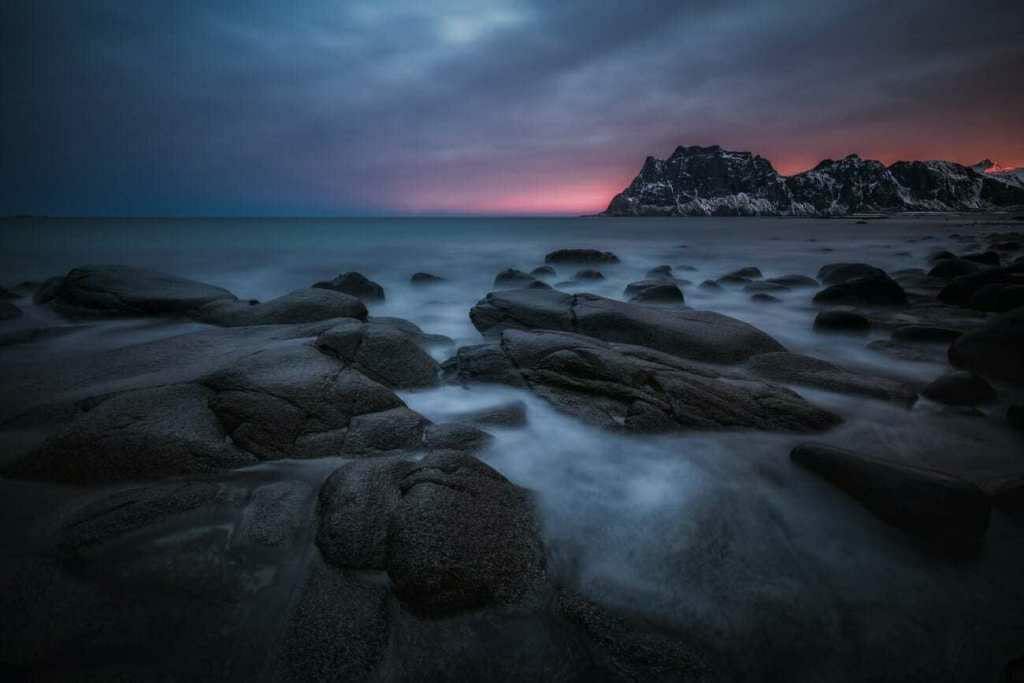 Uttakleiv Beach sunrise, shot with a 10-stop ND filter
