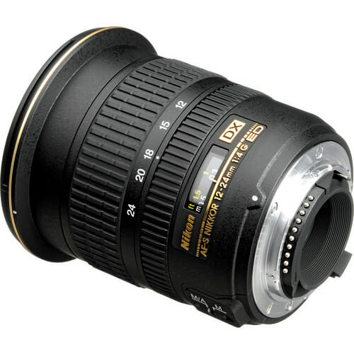 Nikon Nikkor 12-24mm f4 lens, three-quarter view, a perfect lens for real estate photography