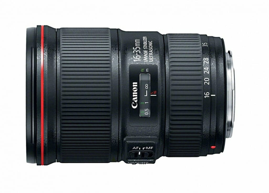 Canon EF 16-35mm f4L IS USM lens, side view, a perfect lens for real estate photography
