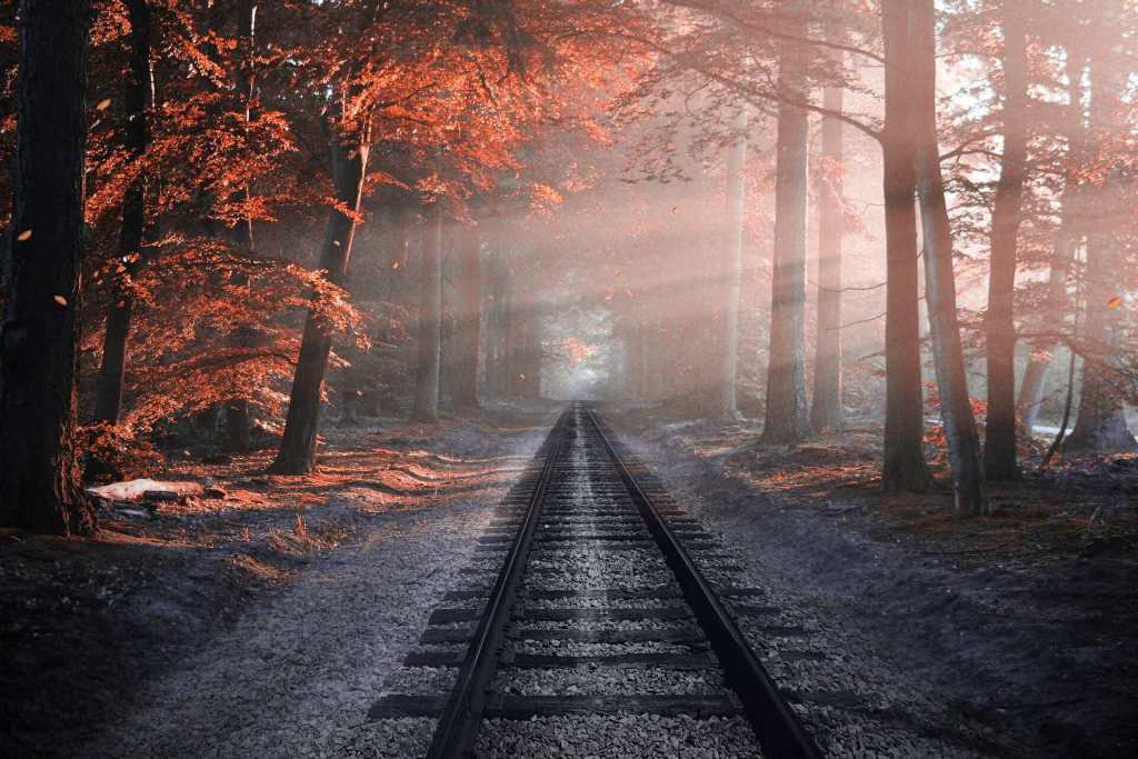 A railway track used as leading lines in a photograph in a spring afternoon 