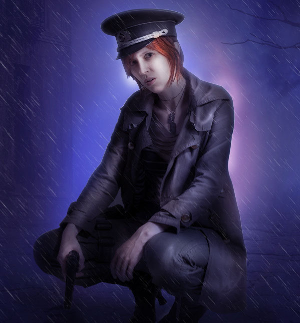 Create a complex Photoshop manipulation of a soldier girl standing in the rain 33