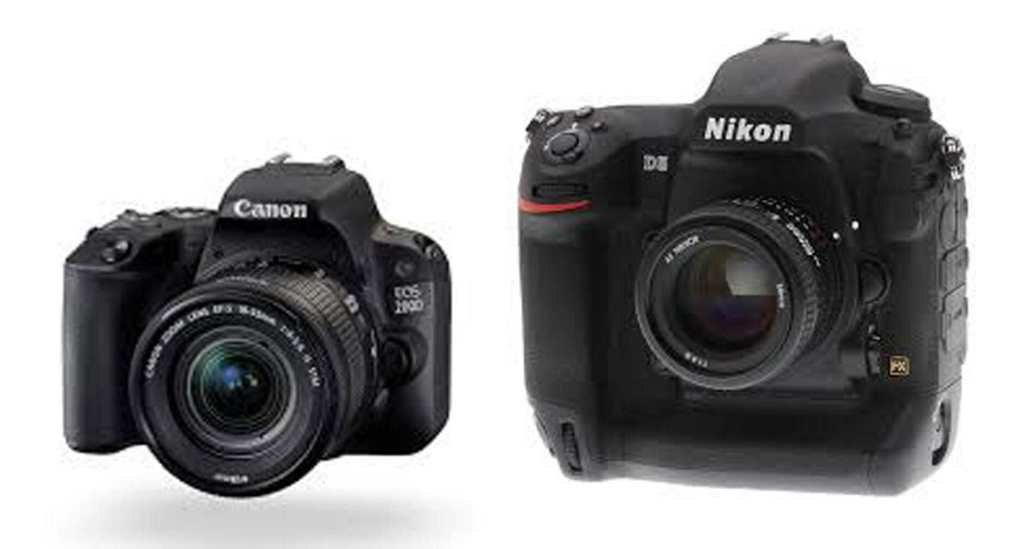 Side by side comparison photo of Canon 200D and Nikon D5