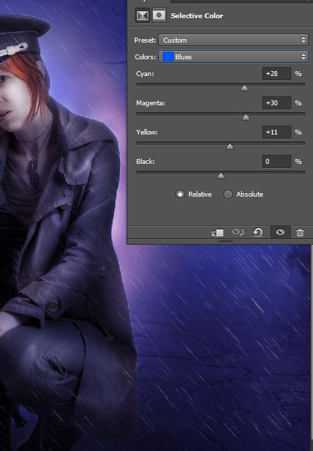 Create a complex Photoshop manipulation of a soldier girl standing in the rain 34