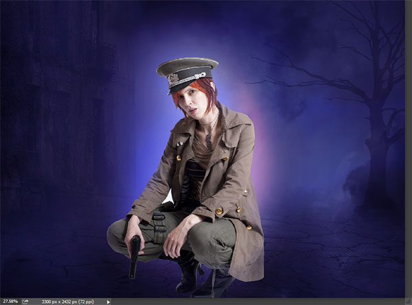 Create a complex Photoshop manipulation of a soldier girl standing in the rain 23