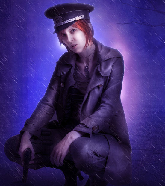 Create a complex Photoshop manipulation of a soldier girl standing in the rain 37