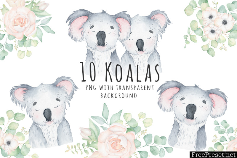 Lovely Koalas and Eucalyptus Watercolor 1400592