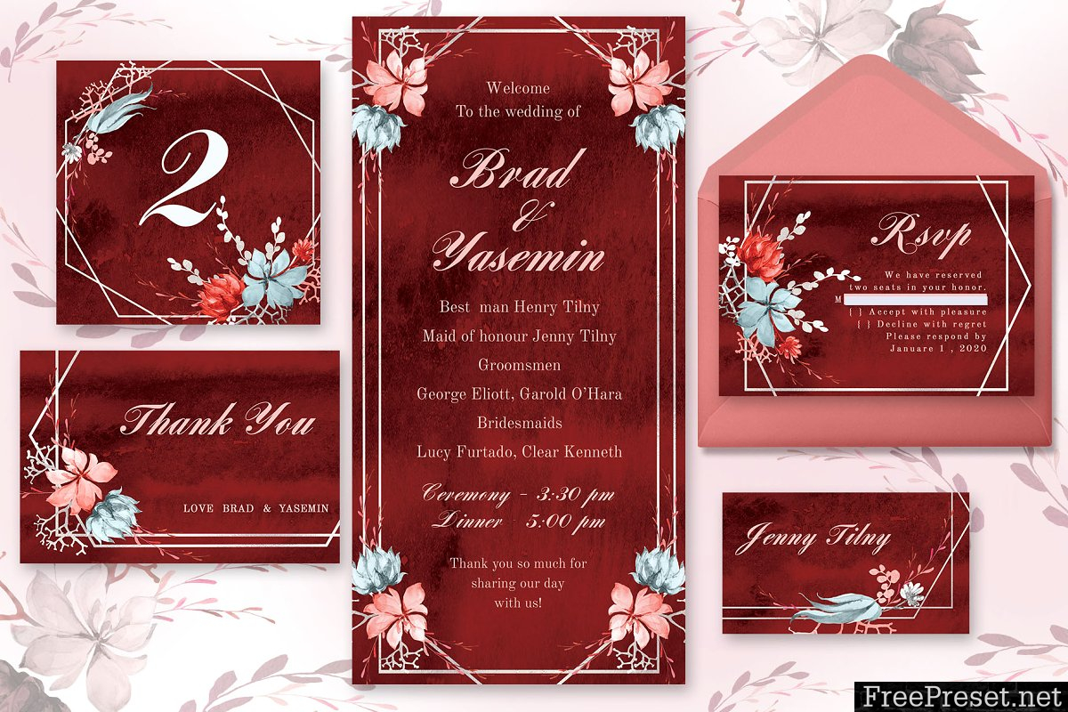 Marsala Watercolor Wedding Suite 3718637