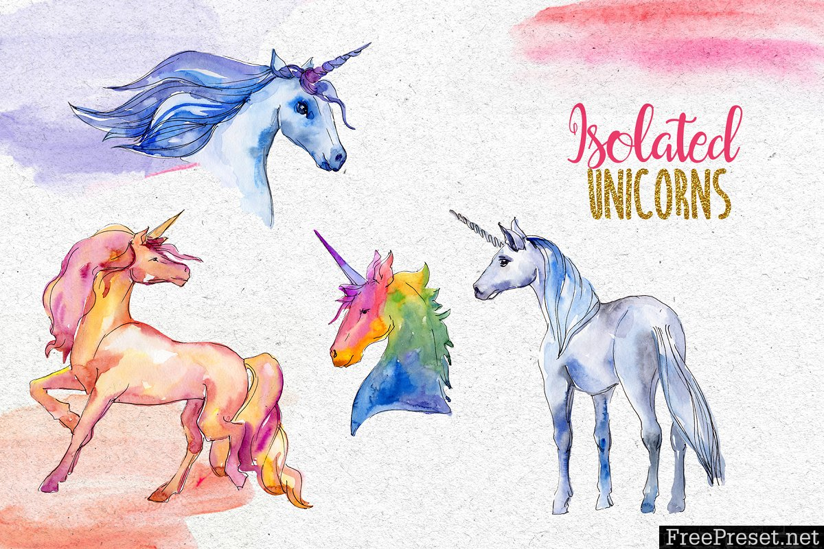 Watercolor Sparkly unicorns PNG set 3063188