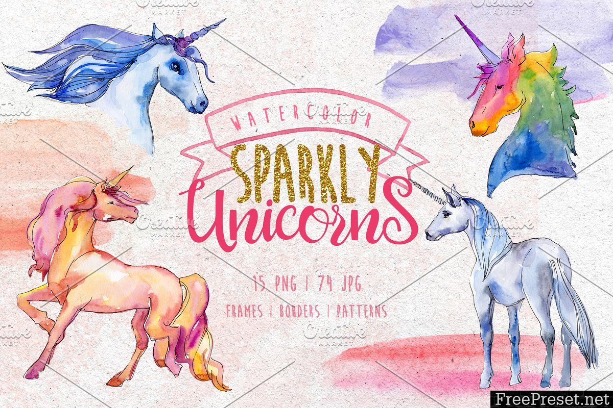 Watercolor Sparkly unicorns PNG set 3063188