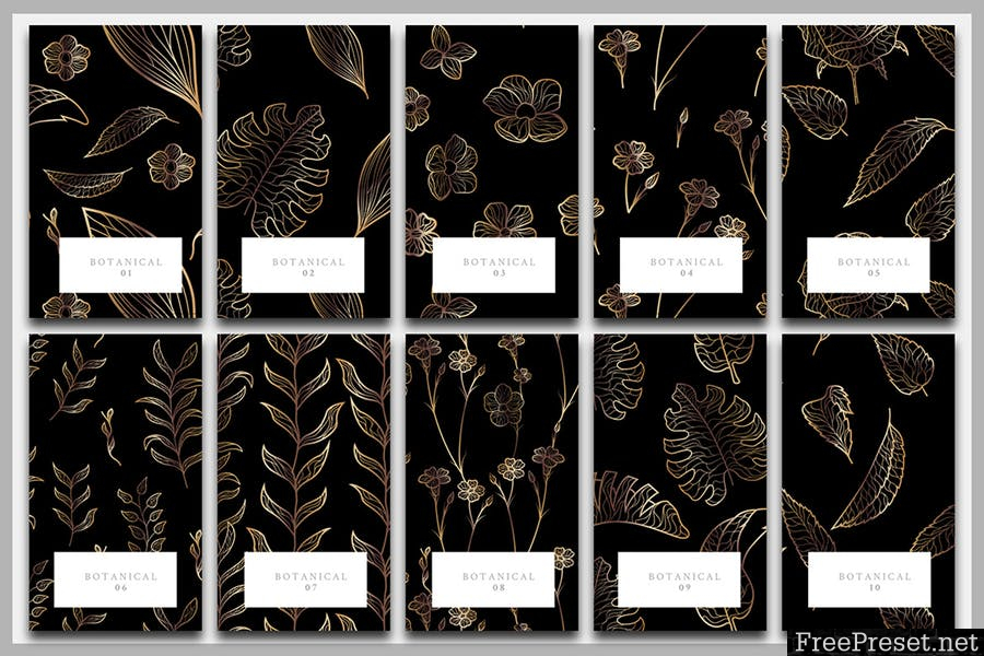 10 Golden Flowers & Leaves Pattern Collection G75EQY - AI, EPS, JPG