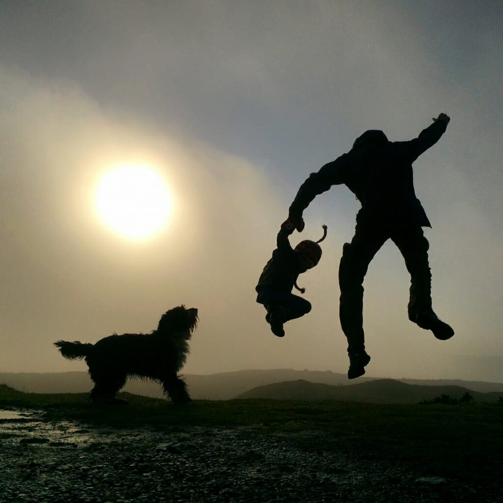 A silhouette action mobile photography shot of a dog, parent and child playing