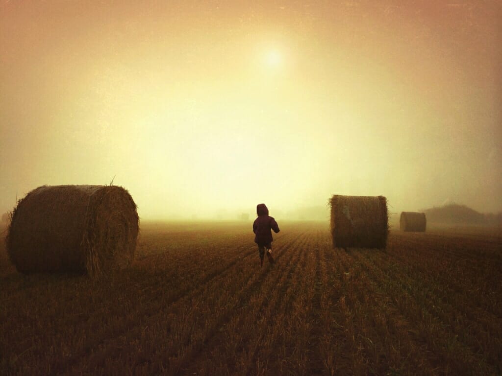 A small child runs among haystacks in a field on a misty morning