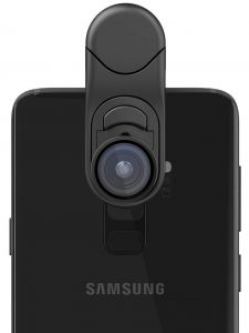 A photo of an Olloclip mobile lens fitted onto the rear lens of a Samsung smartphone