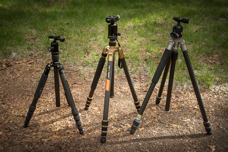 three tripods setup and showing different heads and legs