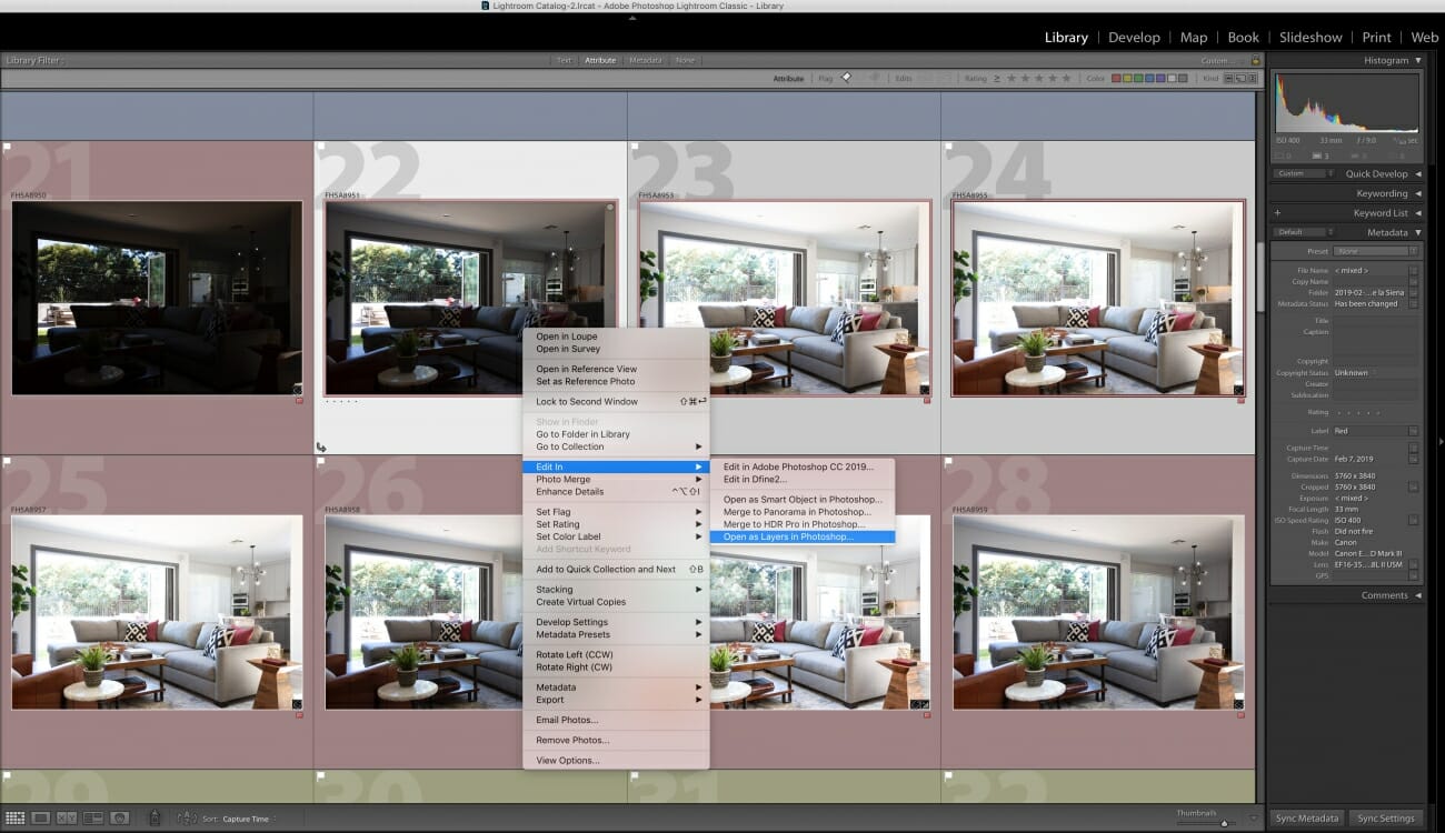 A screenshot photo of a Lightroom window containing bracketed shots of a living room
