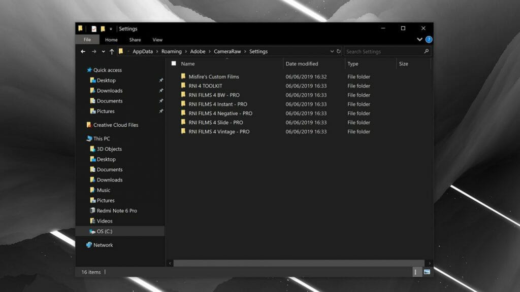 A screenshot of the LIghtroom presets folder window.