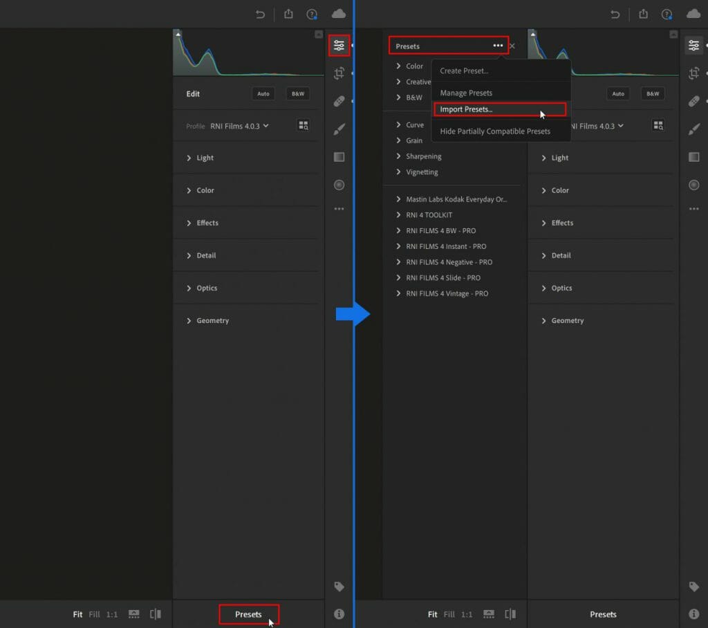 A screenshot showing how to access the lightroom's import presets menu item.