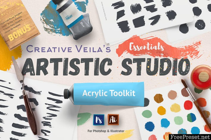 Artistic Studio: Acrylic Toolkit Q6DUKV - AI, EPS, PNG, PSD, SVG, JPG, PDF