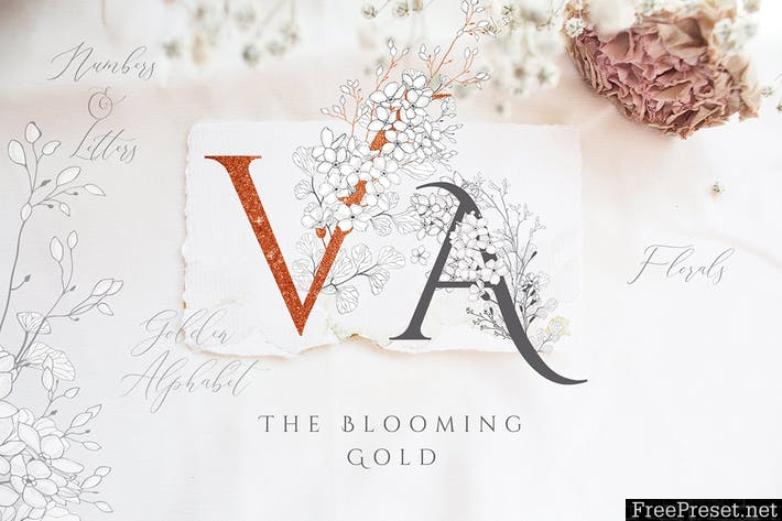 Blooming Gold Floral Letters Numbers EWSD7P - AI, EPS, JPG, PNG