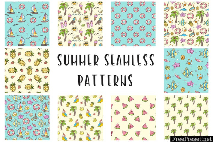 Doodle Summer Seamless Patterns 4FABZZ - EPS, JPG