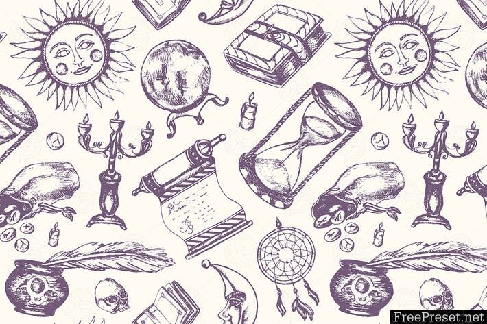 Mystical Arts - hand drawn seamless pattern KB3G74 - EPS, JPG