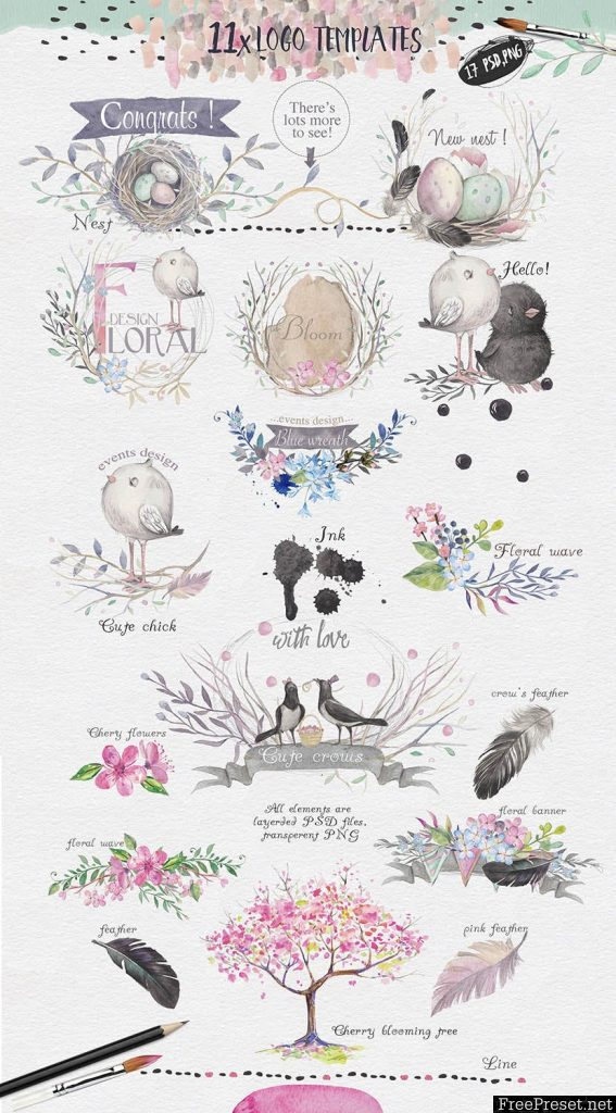 "Spring & crows" bundle - PSD, PNG, JPG