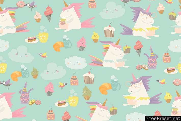 Vector cartoon seamless pattern unicorn with cake TTM8D2 - AI, EPS, JPG, PNG