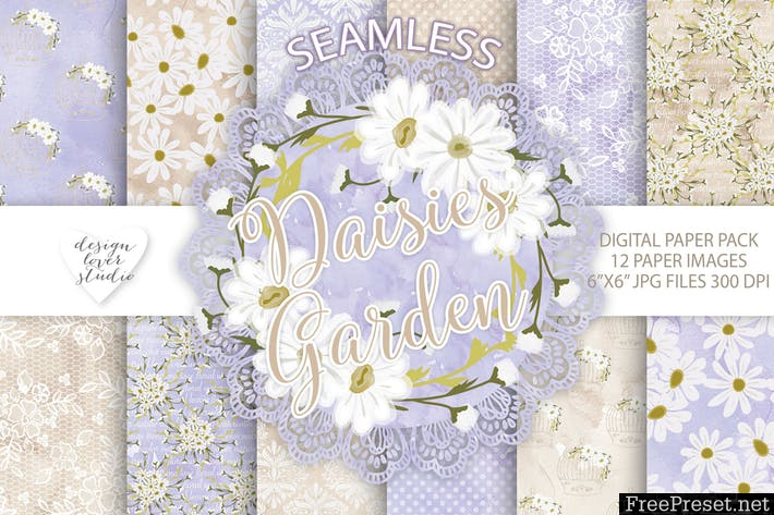 Watercolor Daisies flowers digital paper pack YKAMRG - JPG