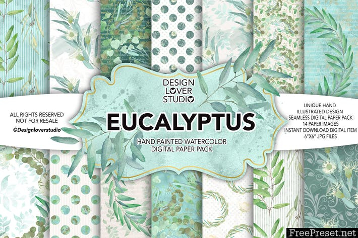 Watercolor Eucalyptus digital paper pack 66Y78P - JPG