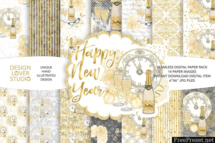 Watercolor Happy New Year digital paper pack