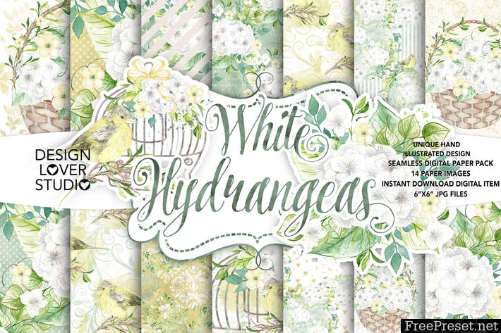 Watercolor White Hydrangea digital paper pack DPJYJV - JPG