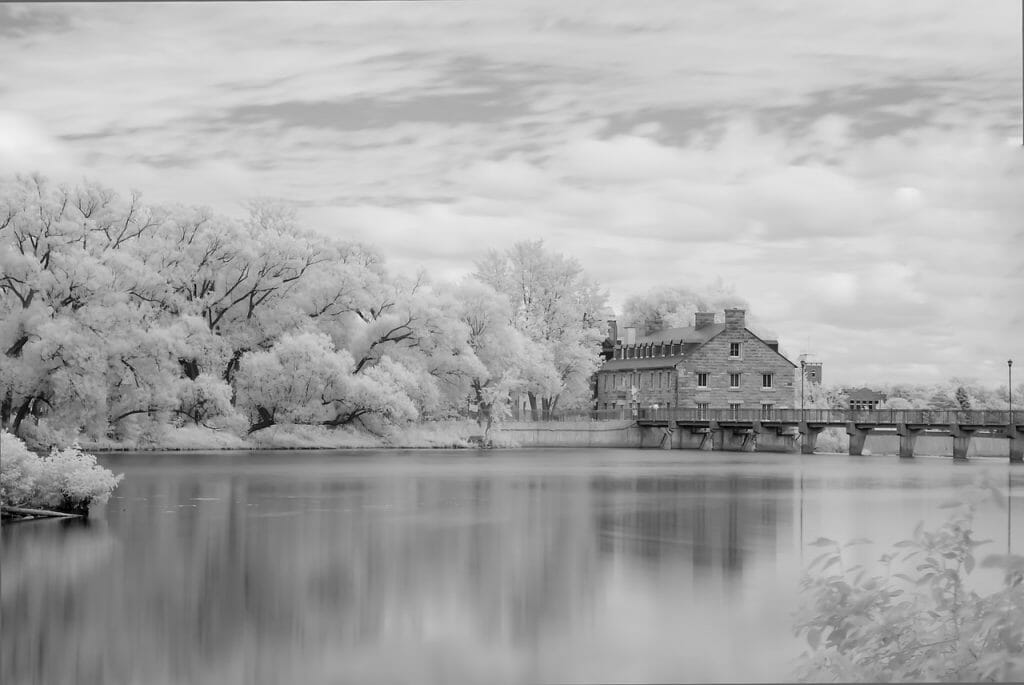 A photo of a river landscape, taken with infrared photography.