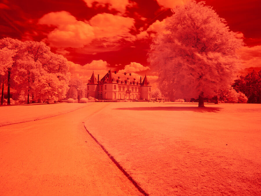 An un-edited infrared, red image of the Chateau de la Hulpe, Belgium