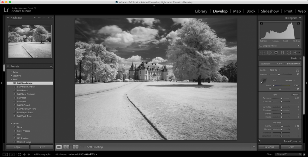 A Lightroom screenshot of a black and white conversion of an infrared image of Chateau 