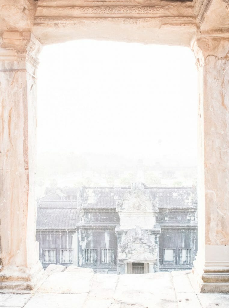 An overexposed image of a temple landscape