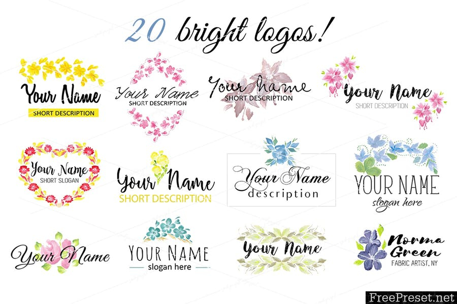 Handpainted Feminine Floral Logos Set 4UQETW - PSD, JPG, PNG