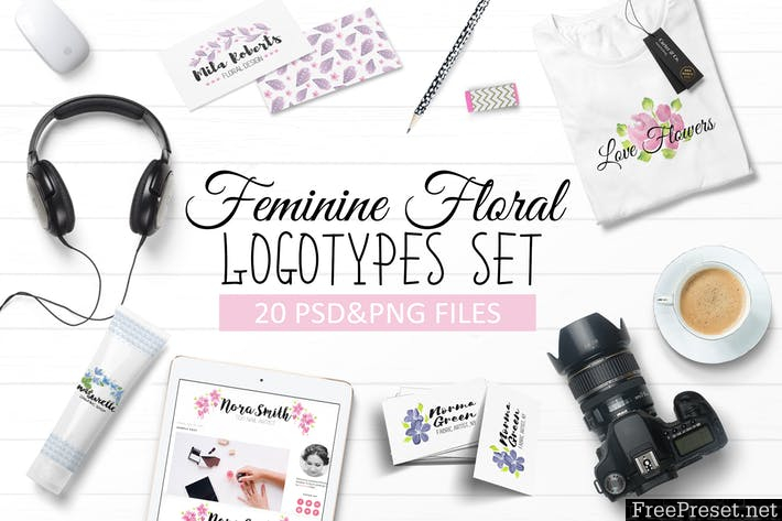 Handpainted Feminine Floral Logos Set 4UQETW - PSD, JPG, PNG