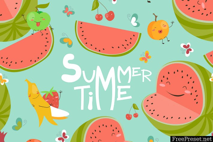 Vector seamless pattern with cute summer fruits ARHADV - AI, EPS, JPG, PNG