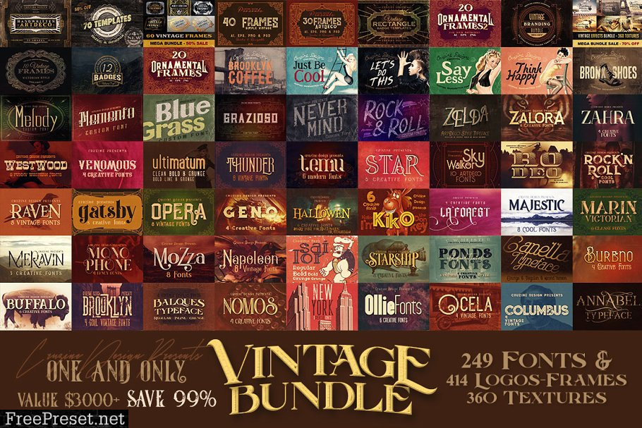 Vintage Bundle 249 Fonts & 414 Logos 3264710