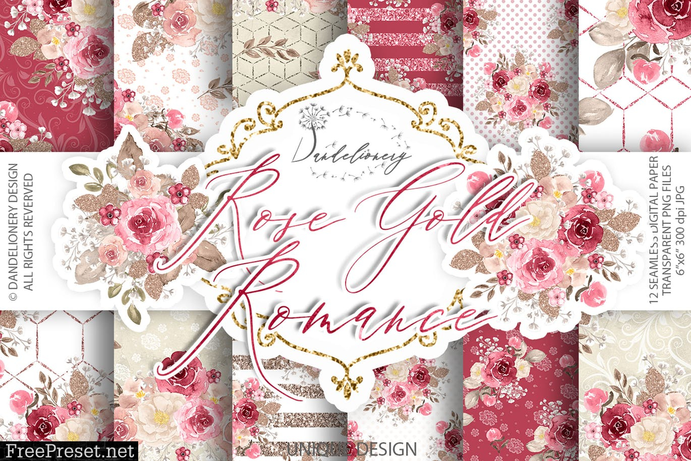 Download Watercolor Rose Gold Romance digital paper pack EMSWXB4